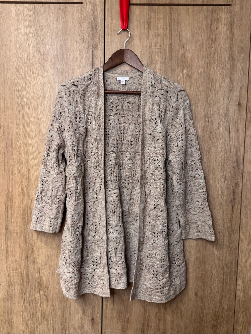 J. Jill Coastal Dainty Taupe Open-Front Crochet Cardigan Neutral 3/4 Sleeves M